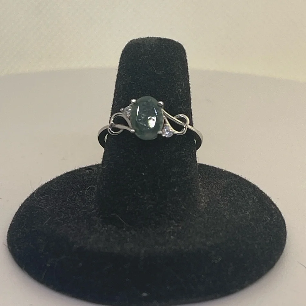 .925 Sterling Silver green moss agate ring with CZ diamonds size 7